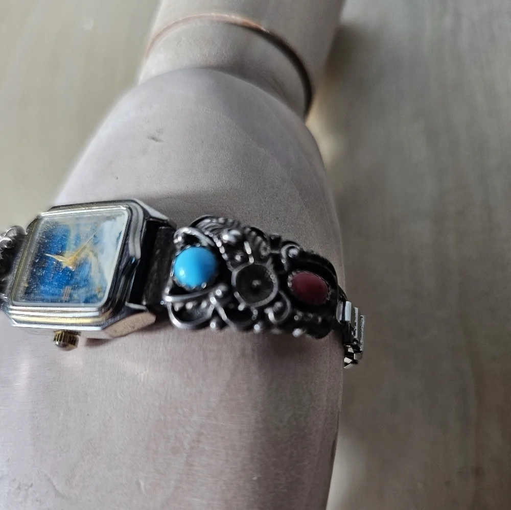 Navajo Sterling Silver STC Skyway Trading Co Turquoise/ Coral Native Runs